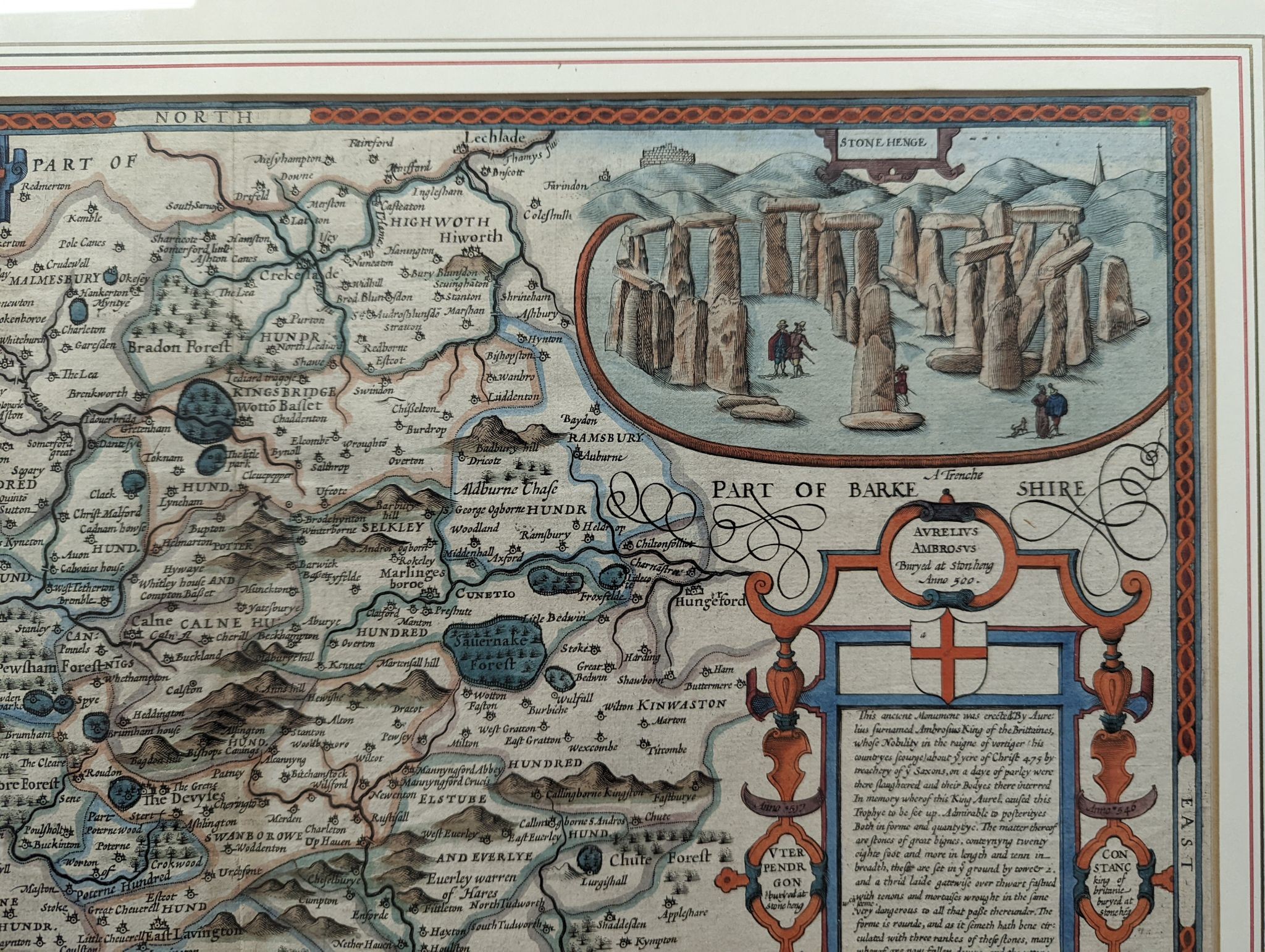 John Speed, coloured engraving, Map of Wilshire 1676, in English verso, 38 x 51cm